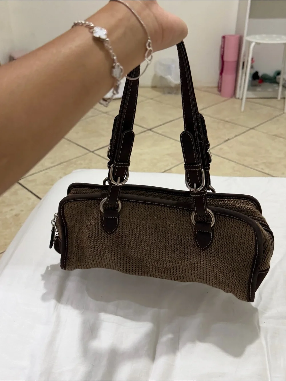 The Sak Brown Woven Shoulder Bag with Dark Trim